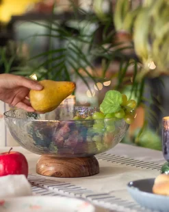 Fiesta Serving Glass Bowl With Wooden Base