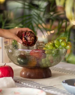Fiesta Serving Glass Bowl With Wooden Base