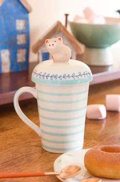 Striped Pig Handpainted Mug With Lid