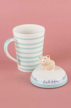 Striped Pig Handpainted Mug With Lid
