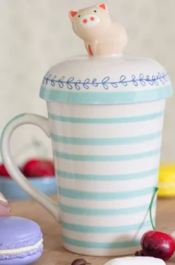 Striped Pig Handpainted Mug With Lid